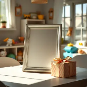 Empty silver photo frame and gift box on table in bright room