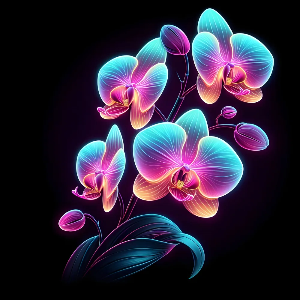 Neon Luminescent Orchid Flowers on Black Background