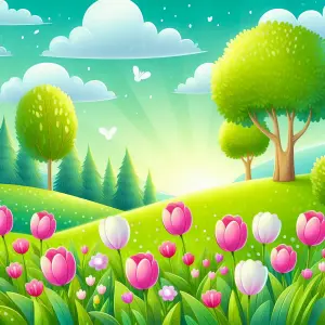 Sunny Spring Meadow with Pink and White Tulips