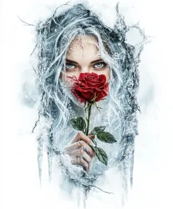 Mystical Woman with White Hair Holding Red Rose in Frozen Ice Frame