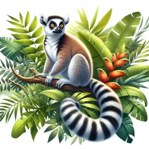 Ring-Tailed Lemur Sitting on Branch with Tropical Foliage