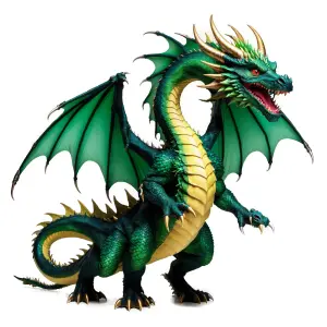 Detailed Green Dragon with Golden Horns and Wings