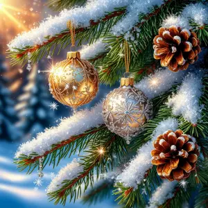 Snow-Covered Pine Branch with Christmas Ornaments and Pine Cones