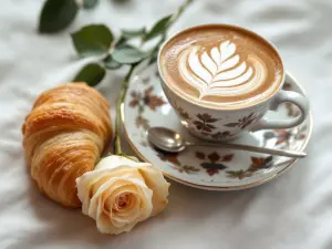 Latte with Croissant and White Rose on Floral Saucer