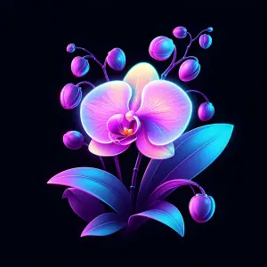Neon Glowing Orchid Flower with Buds on Black Background