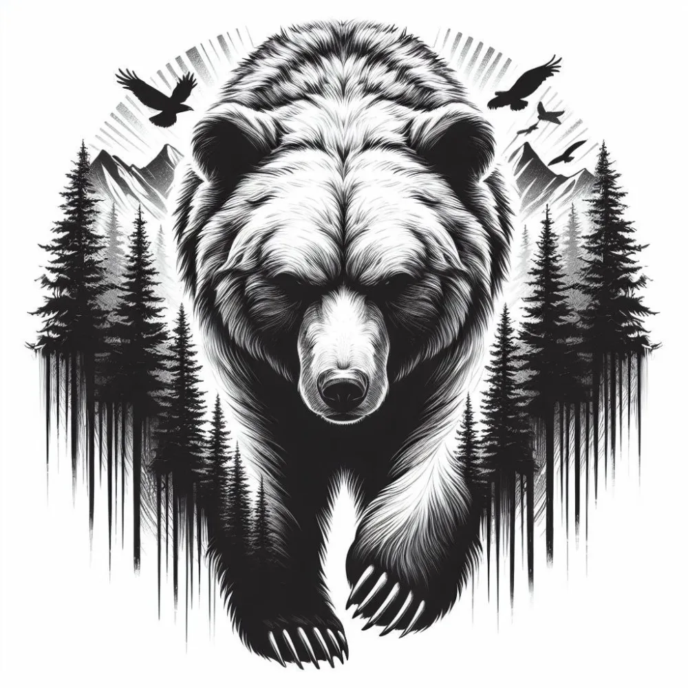 Monochrome Illustration of a Bear with Mountain and Forest Background
