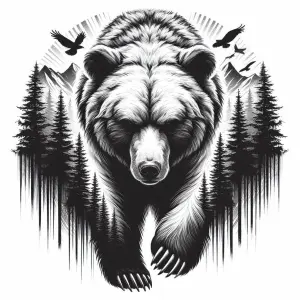 Monochrome Illustration of a Bear with Mountain and Forest Background
