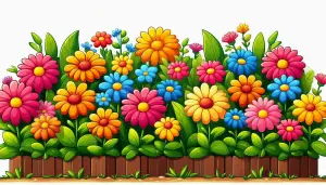 Colorful Cartoon Flower Garden with Wooden Fence