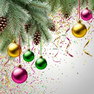 Festive Christmas Pine Branch with Colorful Ornaments and Confetti