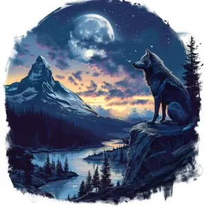Wolf Sitting on Rock Overlooking River and Mountain at Night