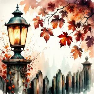 Rustic Autumn Lantern with Wooden Fence and Maple Leaves