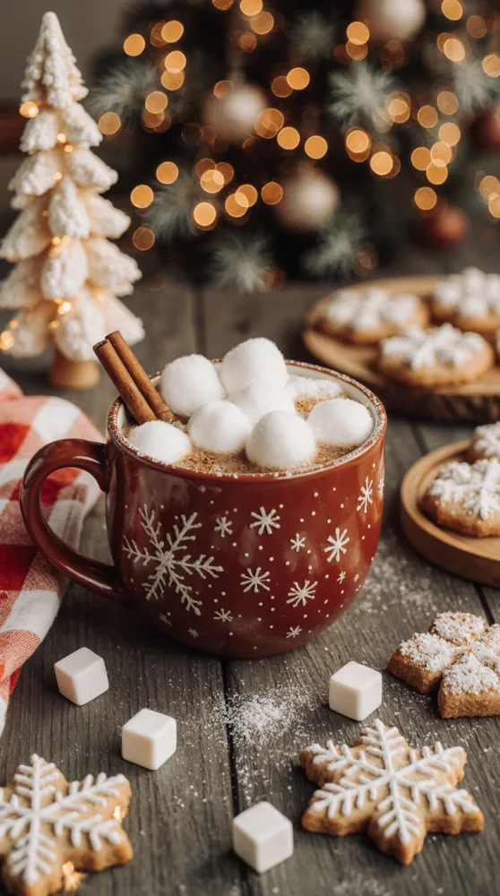 Christmas Hot Chocolate with Marshmallows and Cinnamon Sticks