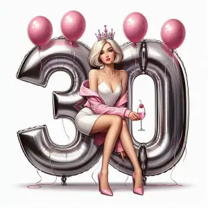 30th Birthday Celebration with Woman in Pink and Silver Balloons