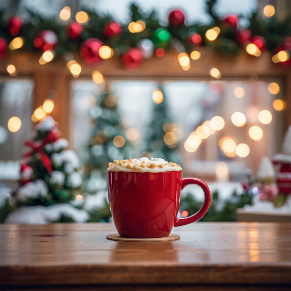 Red Mug of Hot Chocolate with Marshmallows and Christmas Decorations