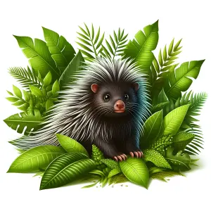 Cute Porcupine Among Green Jungle Leaves Illustration