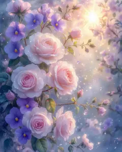 Delicate Pink Roses and Purple Pansies with Dew Drops