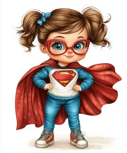 Cute Little Girl in Superhero Costume with Red Cape and Glasses