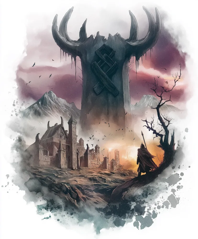 Medieval Warrior Approaching a Fortress with Giant Horned Monument
