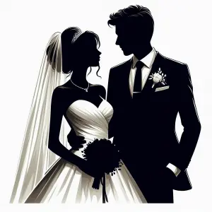 Silhouette of Bride and Groom in Wedding Attire