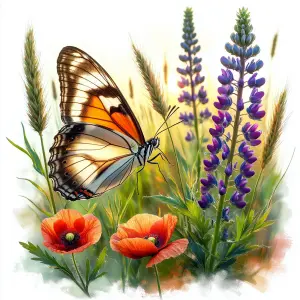 Orange and White Butterfly on Wildflowers with Lupines and Poppies