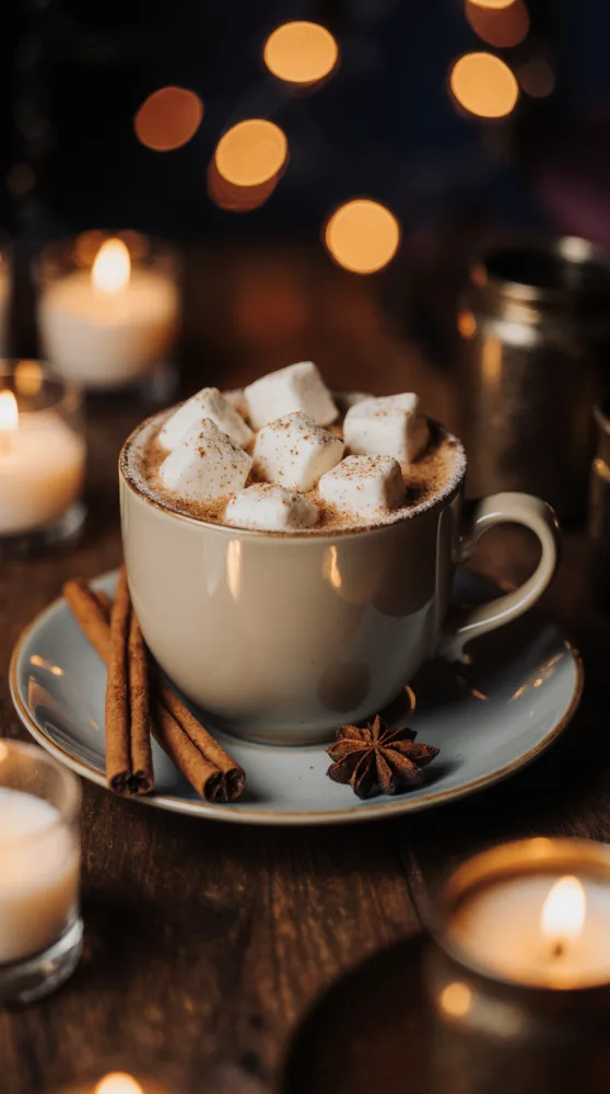 Cup of Hot Chocolate with Marshmallows and Cinnamon Sticks