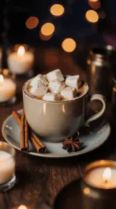 Cup of Hot Chocolate with Marshmallows and Cinnamon Sticks