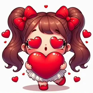 Cute Cartoon Girl with Heart Eyes Holding Large Red Heart
