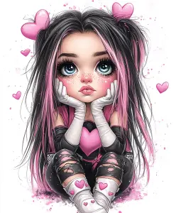 Cute Cartoon Girl with Pink and Black Hair Sitting Thoughtful