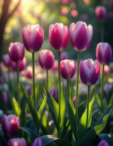 Pink and White Tulips in Morning Sunlight