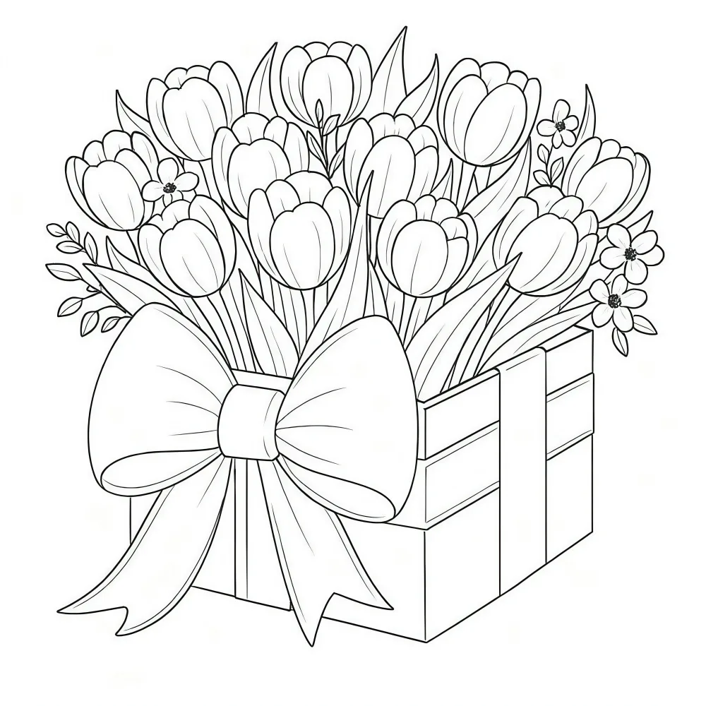 Black and White Outline of Gift Box Filled with Tulips and Flowers