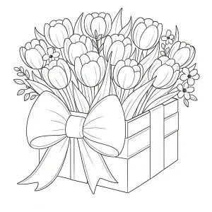 Black and White Outline of Gift Box Filled with Tulips and Flowers