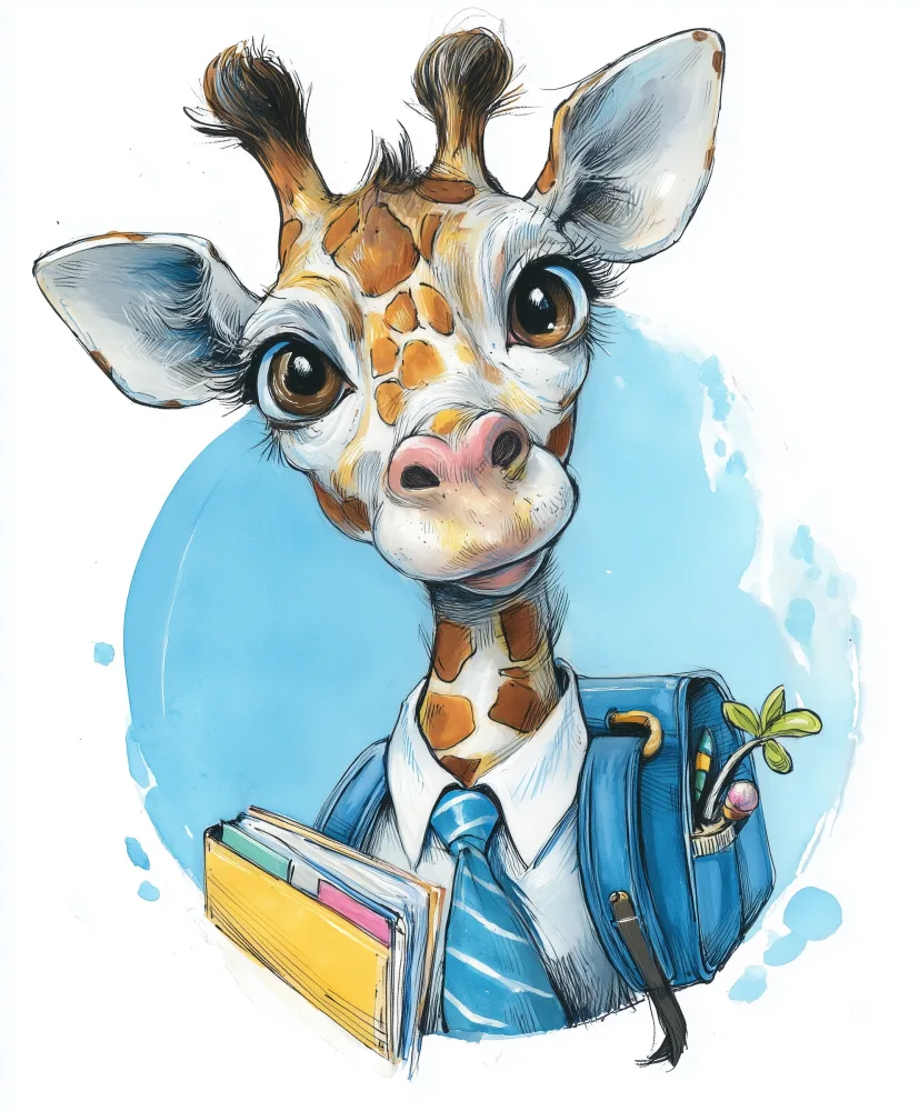Cartoon Giraffe in School Uniform with Backpack and Books