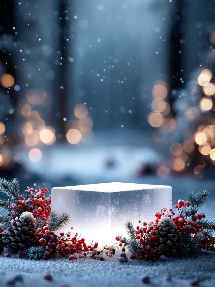 Winter Holiday Decoration with Snow, Pinecones, and Red Berries