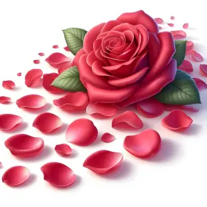 Red Rose with Scattered Petals on White Background