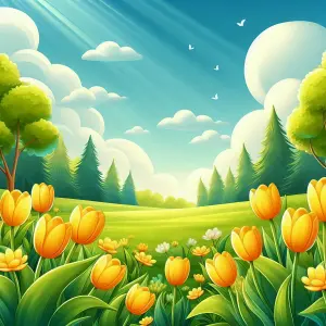Sunny Day in a Flower Meadow with Pine Trees and Clouds