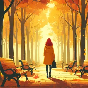 Woman Walking Through Autumn Park with Yellow Leaves
