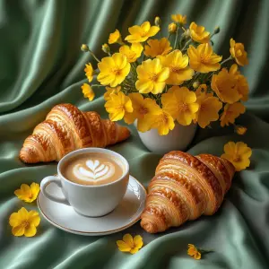 Coffee with Croissants and Yellow Flowers on Green Fabric