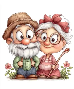 Cute cartoon elderly couple with flowers