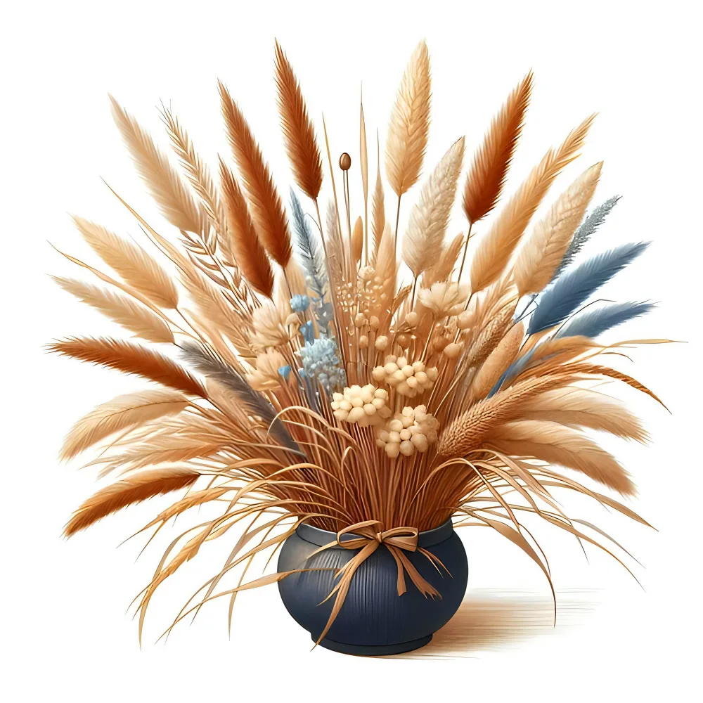 Decorative dried grass and floral arrangement in blue vase