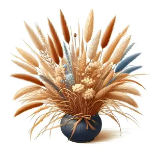 Decorative dried grass and floral arrangement in blue vase