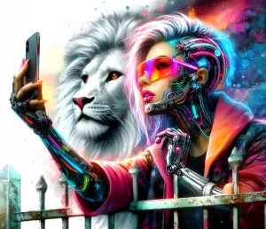 Cyberpunk Woman Taking Selfie with White Lion