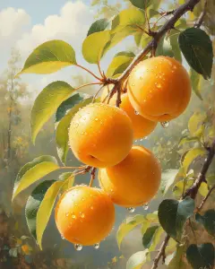 Fresh Apricots on Tree Branch with Dew Drops