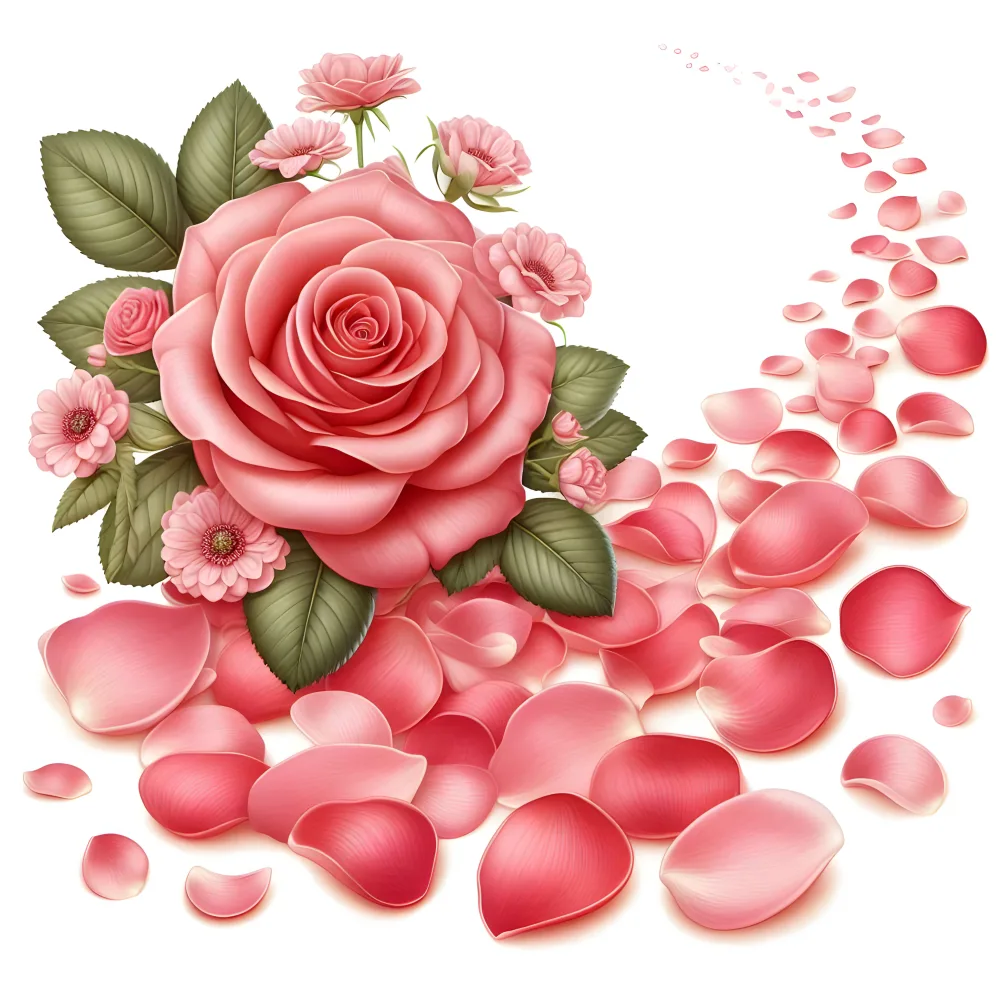 Pink Rose with Falling Petals and Green Leaves