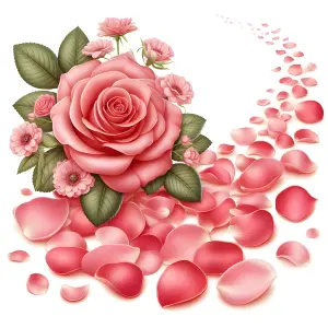 Pink Rose with Falling Petals and Green Leaves