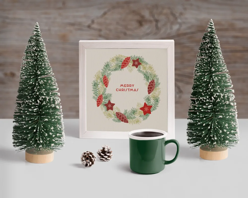 Christmas Holiday Decoration with Mini Trees and Coffee