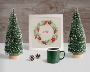 Christmas Holiday Decoration with Mini Trees and Coffee