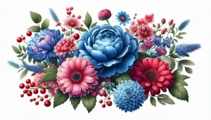 Colorful Bouquet of Blue, Pink, and Red Flowers with Green Leaves