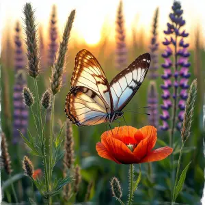 Butterfly on Red Poppy Flower at Sunrise in Wildflower Meadow