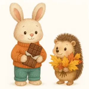 Cute Bunny and Hedgehog with Chocolate and Autumn Leaves Illustration