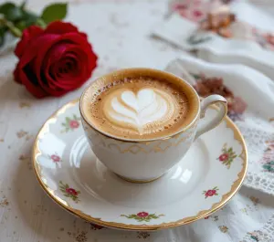 Cup of Latte with Heart Latte Art and a Red Rose on Table